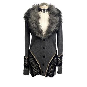 Y2K Style Gray Fur Trim Boho Grunge Hippie Alt Emo Button Down Knit Cardigan S